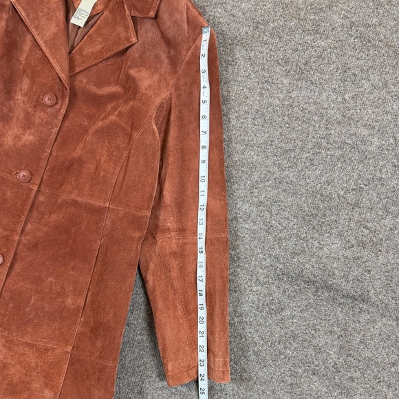 Massini Rust Brown Suede Leather Mid Length Button Front Car Coat Women’s Large - Picture 7 of 9